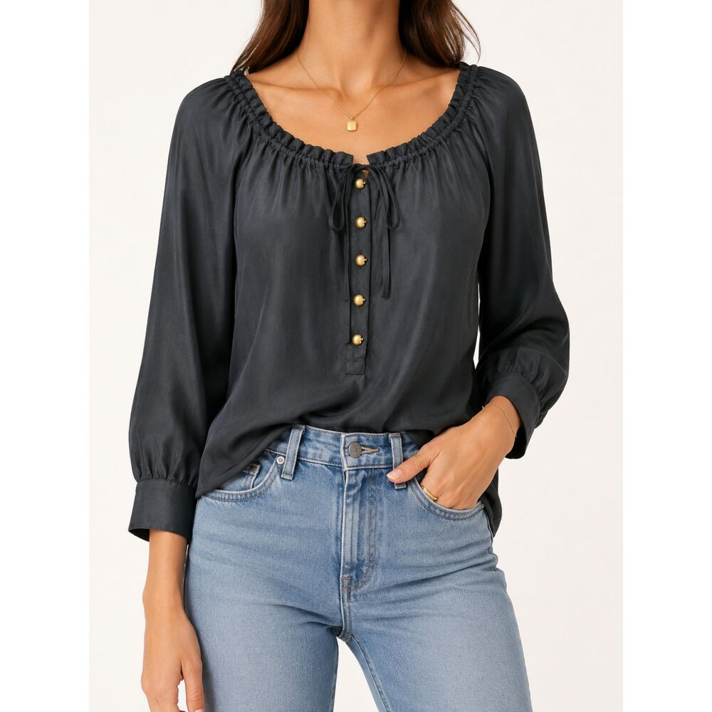 Juicy Couture 100% Silk Charcoal Gray Peasant Blouse Apple Buttons Size 8 Y2K